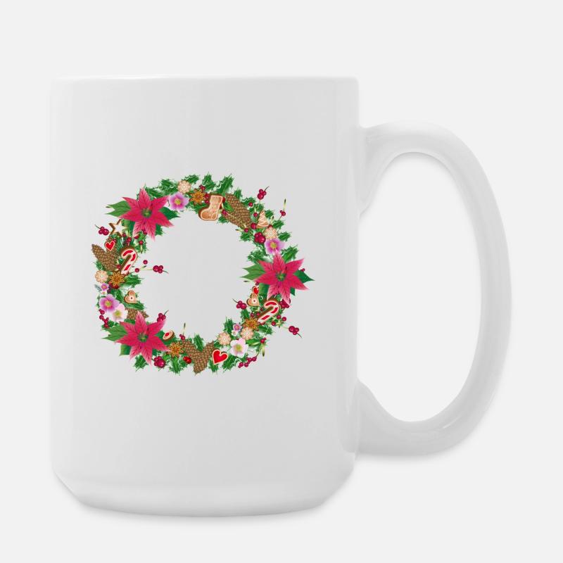 Üppig geschmückter Weihnachtskranz mit Deko - Große Tasse 440 ml - Weiß