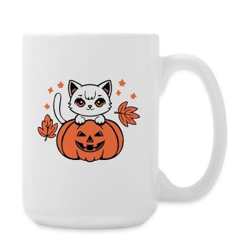 Herbst Katze Weiß Kürbis Ahorn Blatt Süß Halloween - Große Tasse 440 ml - Weiß - Rechts