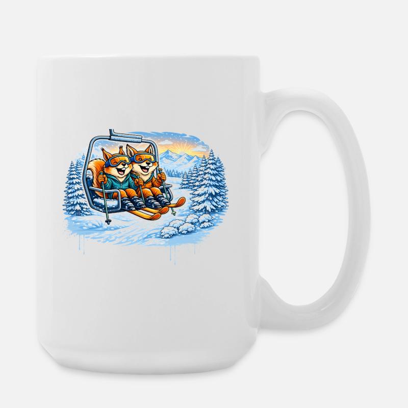 Eichhörnchen & Fuchs im Skilift – Winterspaß - Große Tasse 440 ml - Weiß