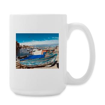Blaue Boote im Hafen - Große Tasse 440 ml - Weiß - Rechts