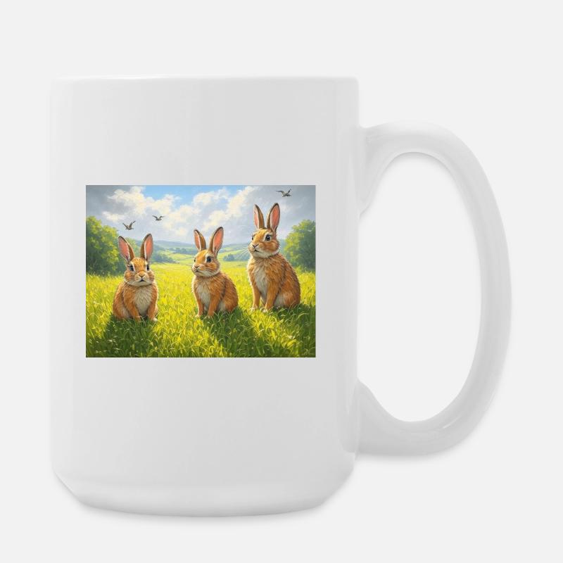 Three rabbits in the spring field - Large Mug 440 ml - white