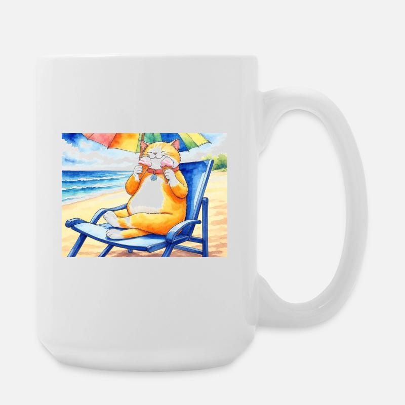 Katze am Strand mit Eiscreme - Große Tasse 440 ml - Weiß