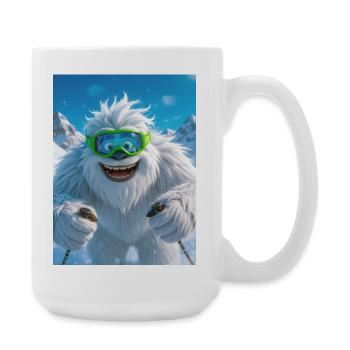 Giant Yeti skiing with green goggles joyfully - Large Mug 440 ml - white - Right