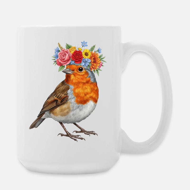 Floral Crown Robin - Large Mug 440 ml - white