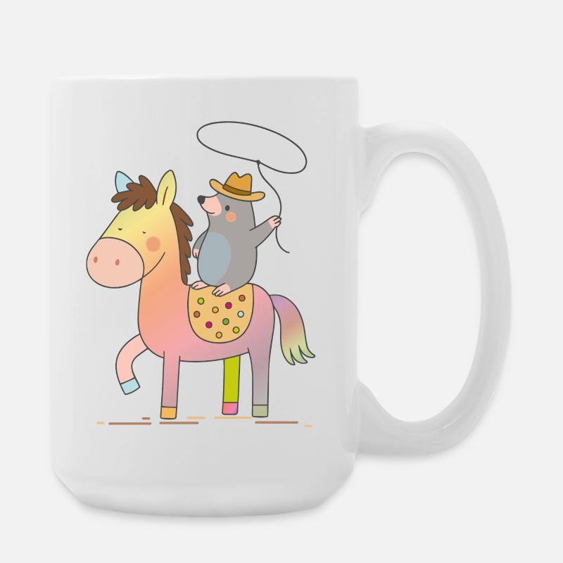 Fröhlicher Maulwurf reitet auf buntem Pferd - Große Tasse 440 ml - Weiß