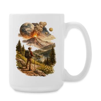 Hikers in front of erupting volcano and strange world - Large Mug 440 ml - white - Right