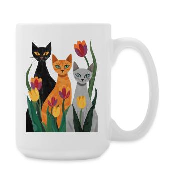 Three stylized cats: black, gray, orange - Large Mug 440 ml - white - Right