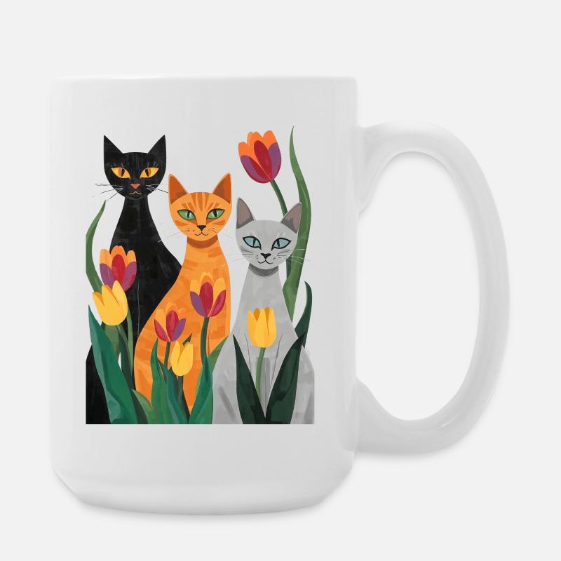 Three stylized cats: black, gray, orange - Large Mug 440 ml - white