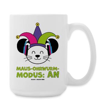 Karnevalsmaus mit Narrenkappe und Kopfhörern - Große Tasse 440 ml - Weiß - Rechts