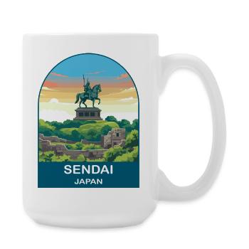 Sendai Japan Samurai-Statue Vintage-Reisekunst - Große Tasse 440 ml - Weiß - Rechts