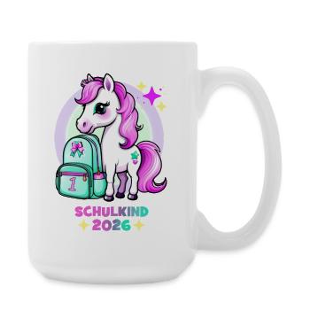Pony mit Schulranzen Schulkind 2026 Pink Türkis - Große Tasse 440 ml - Weiß - Rechts