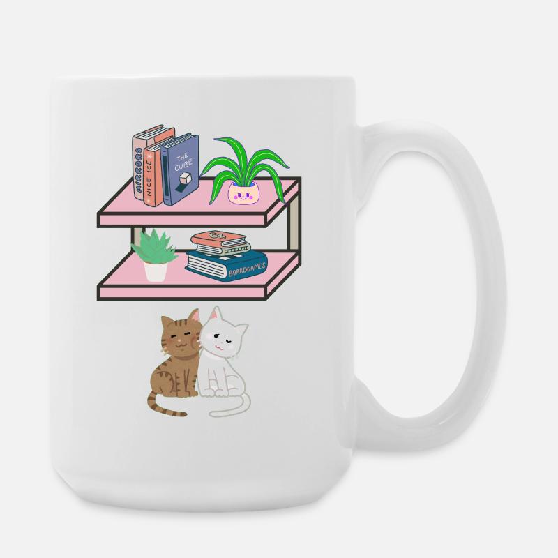 Cats & Bookshelf Cuddly Look - Large Mug 440 ml - white