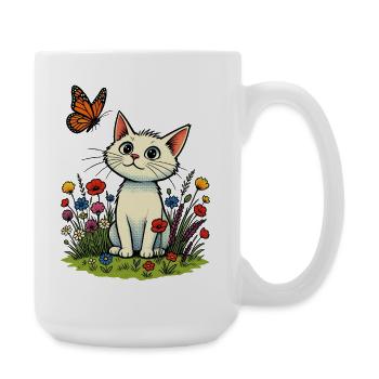 White cat with butterfly on flower meadow - Large Mug 440 ml - white - Right