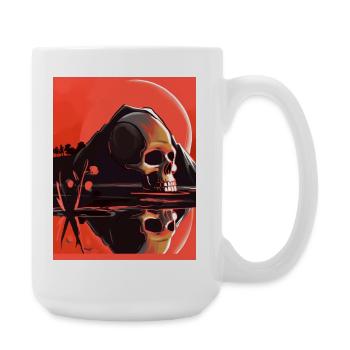 Totenkopf vor Berg mit roter Sonne - Große Tasse 440 ml - Weiß - Rechts