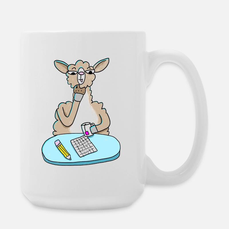 Llama at desk with biscuit and tea - Large Mug 440 ml - white
