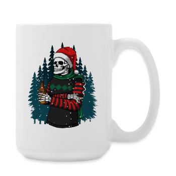 Skelett mit Santa-Hut trinkt Bier im Winterwald - Große Tasse 440 ml - Weiß - Rechts