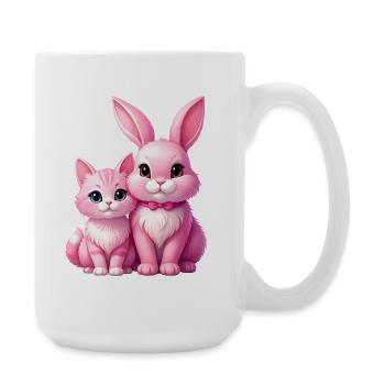Rosa Hase und Katze als Plüschtiere - Große Tasse 440 ml - Weiß - Rechts
