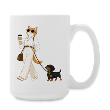 Stylish cat with dachshund during coffee walk - Large Mug 440 ml - white - Right
