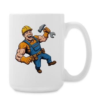Cheerful cartoon construction worker with tools - Large Mug 440 ml - white - Right