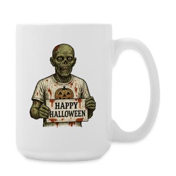 Scary zombie with Happy Halloween sign - Large Mug 440 ml - white - Right
