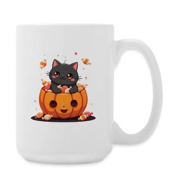 Halloween Katze mit Halloween Kürbis - Große Tasse 440 ml - Weiß - Rechts