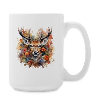 Cerf majestueux – Portrait d’art avec des fleurs - Grande tasse 440 ml - blanc - Droite