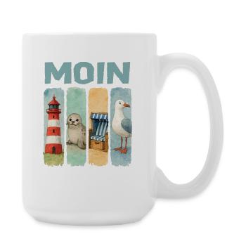 Moin Leuchtturm Robbe Strandkorb Möwe Küste - Große Tasse 440 ml - Weiß - Rechts