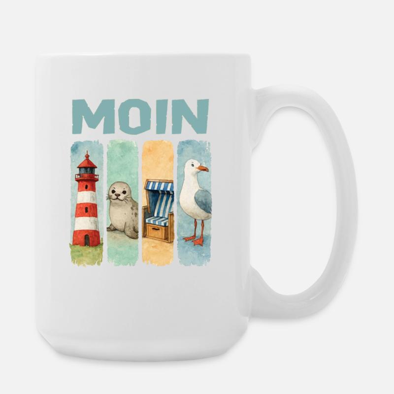 Phare de Moin, chaise de plage avec phoques, côte des mouettes - Grande tasse 440 ml - blanc