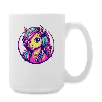 Poney néon avec casque – poney de dessin animé coloré - Grande tasse 440 ml - blanc - Droite
