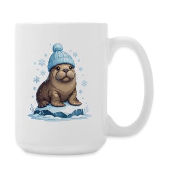 Winter sea lion with blue cap - Large Mug 440 ml - white - Right