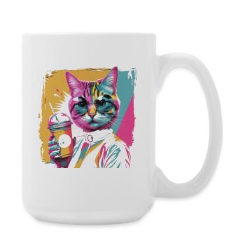 Pop art cat with drink colorful cartoon motif - Large Mug 440 ml - white - Right