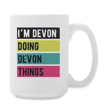 Ich bin Devon und mache Devon-Dinge in Retro-Farben - Große Tasse 440 ml - Weiß - Rechts