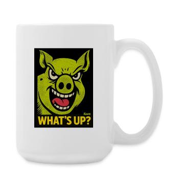 Grinsendes Schwein mit Was ist los? - Große Tasse 440 ml - Weiß - Rechts