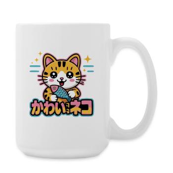 Kawaii Cat with Fish and Stars - Large Mug 440 ml - white - Right