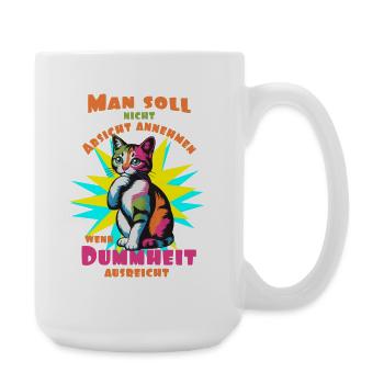 Bunte Pop-Art Katze Dummheit vs. Absicht - Große Tasse 440 ml - Weiß - Rechts