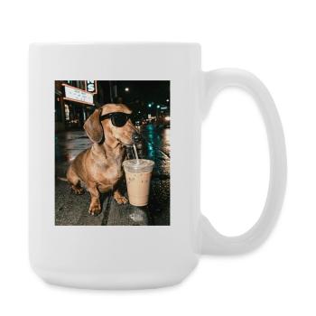Dackel trink Eiskaffee, Lustiges Dackel Foto - Große Tasse 440 ml - Weiß - Rechts