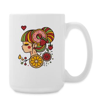 Profil de femme colorée avec donut et fruits - Grande tasse 440 ml - blanc - Droite
