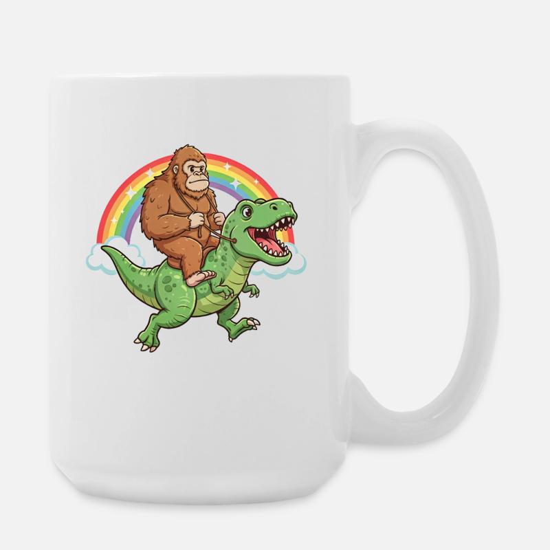 Bigfoot Riding T-Rex Dinosaur Rainbow - Large Mug 440 ml - white