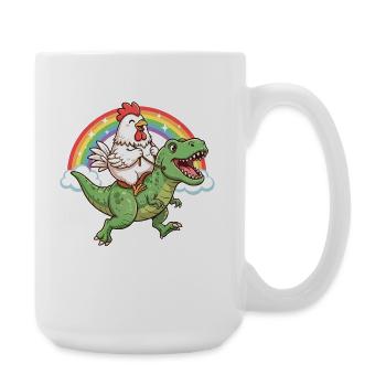 Huhn Reitender T-Rex Dinosaurier Regenbogen - Große Tasse 440 ml - Weiß - Rechts