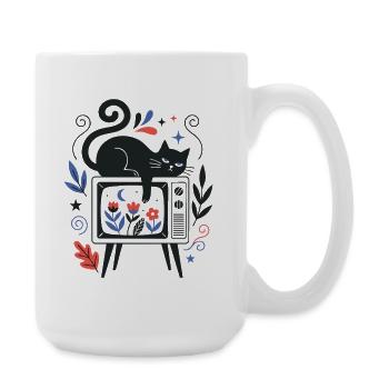 Katze Retro Fernseher Vintage Kunst Design - Große Tasse 440 ml - Weiß - Rechts