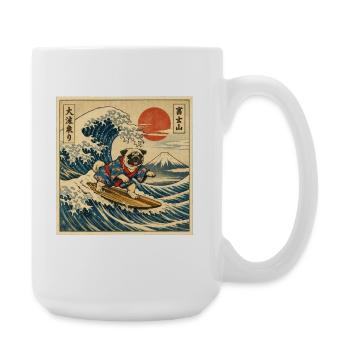 Japanese Kanagawa Wave Funny Surf Pug Dog - Large Mug 440 ml - white - Right
