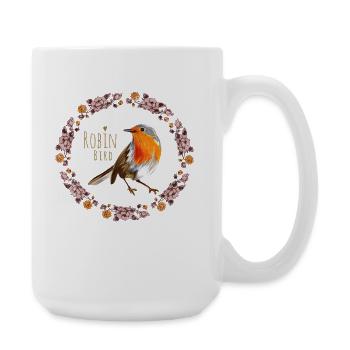 Rotkehlchen Vogel mit botanischen Blumen Design - Große Tasse 440 ml - Weiß - Rechts