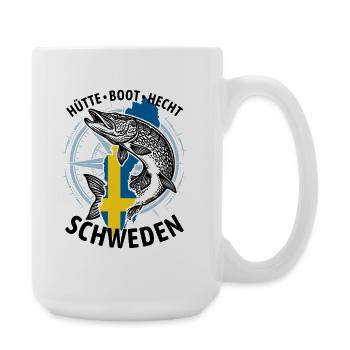 Hütte, Boot, Hecht - Schweden | Angler Geschenk - Große Tasse 440 ml - Weiß - Rechts