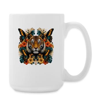 Tiger im Blüten und Schmetterlingsrausch - Große Tasse 440 ml - Weiß - Rechts