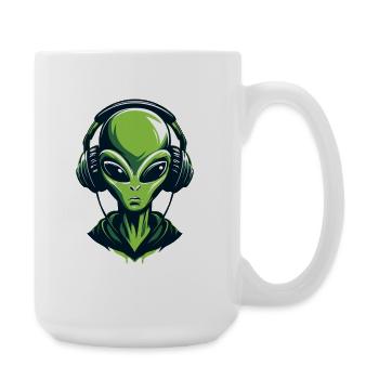 Alien mit Kopfhörern – Minimalistic Techno design - Große Tasse 440 ml - Weiß - Rechts