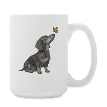 Dackel Illustration mit Schmetterling Hund - Große Tasse 440 ml - Weiß - Rechts