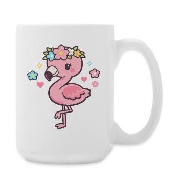 Kawaii flamingo with flower wreath - Large Mug 440 ml - white - Right