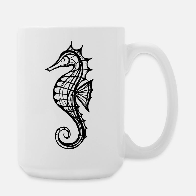 Hippocampe – Dessin au trait en noir et blanc - Grande tasse 440 ml - blanc