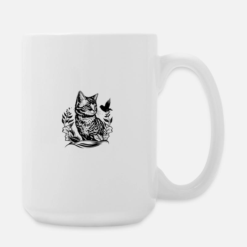 Cat Forest Line Drawing with Bird - Large Mug 440 ml - white