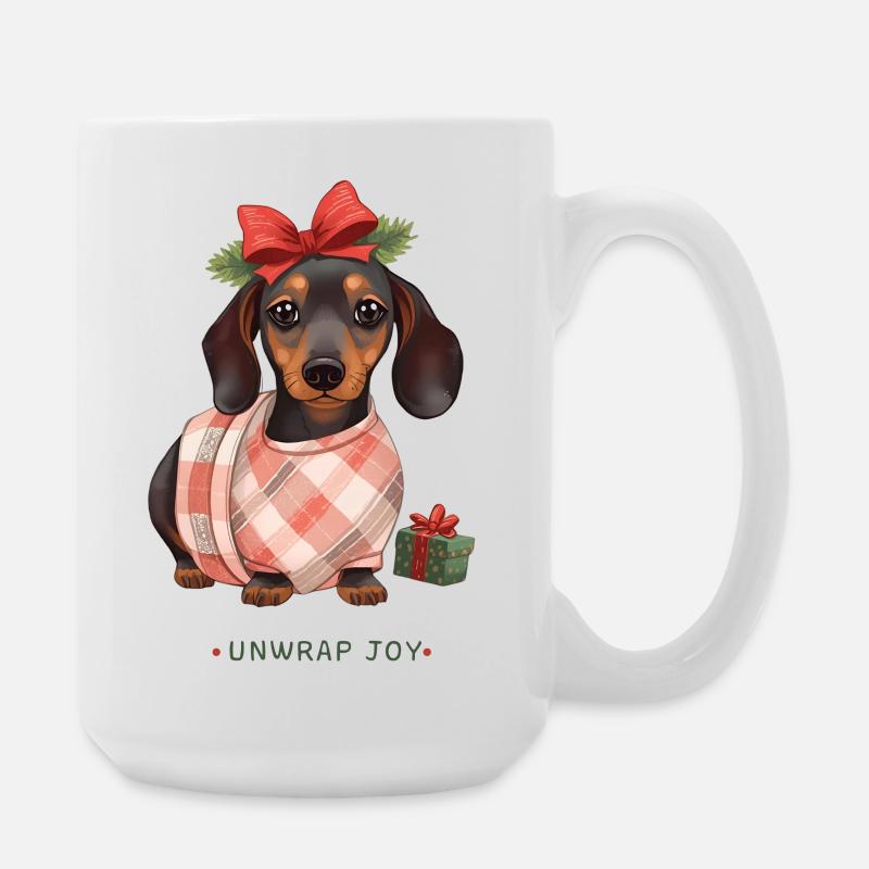 Unwrap joy - Weihnachtlicher Dackel als Geschenk - Große Tasse 440 ml - Weiß